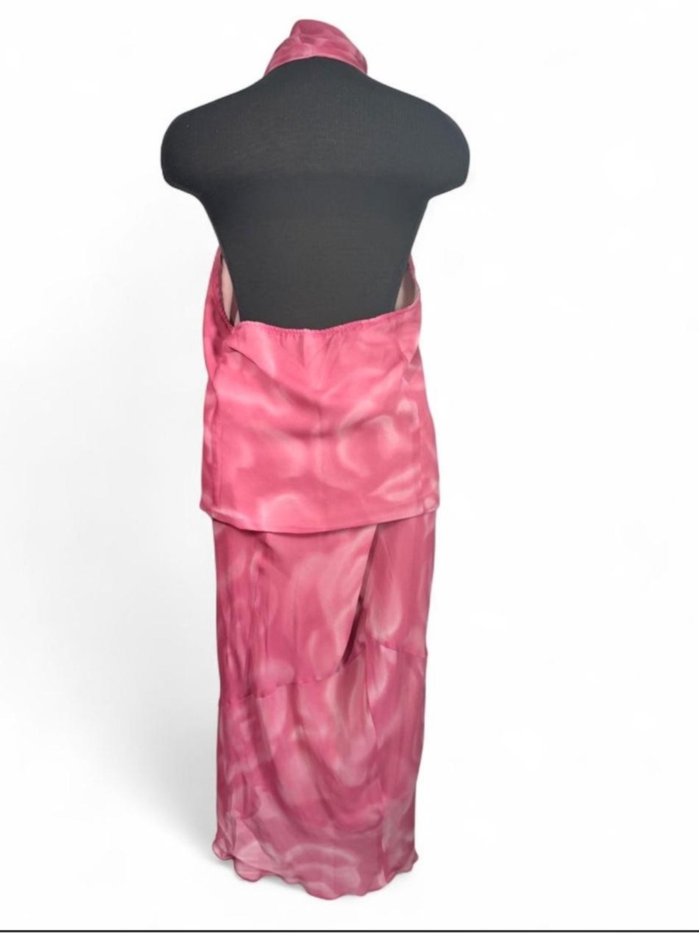 Vintage Y2K Express 100% Silk Pink Rose Halter Top Midi Skirt 2 Piece Set L - Picture 7 of 9